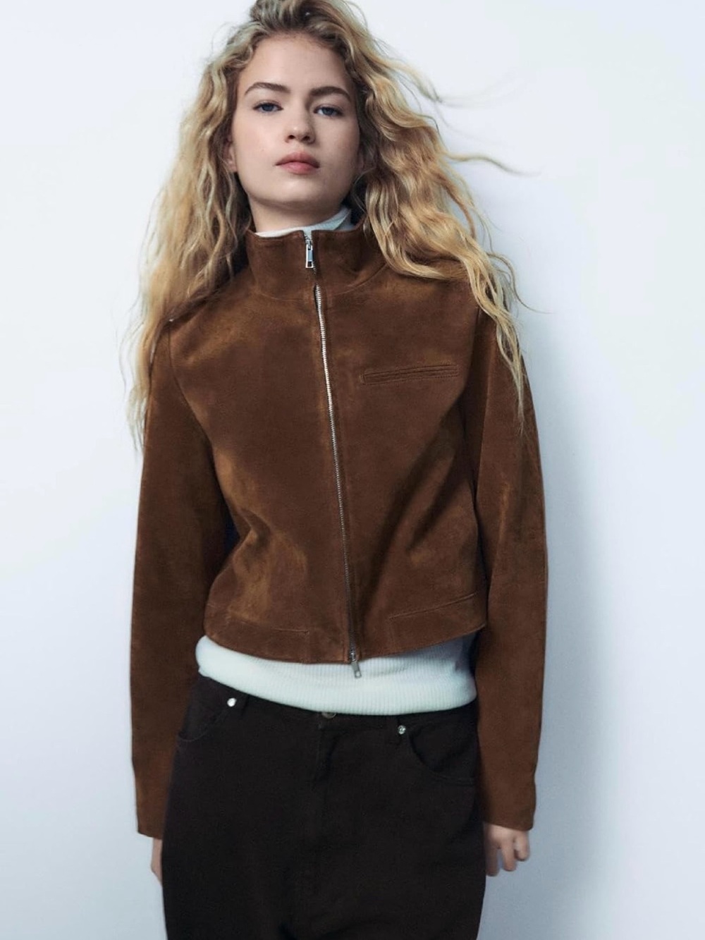 Funnel Neck Stylish Women’s Brown Faux Suede Zip-Front Jacket Large NWT